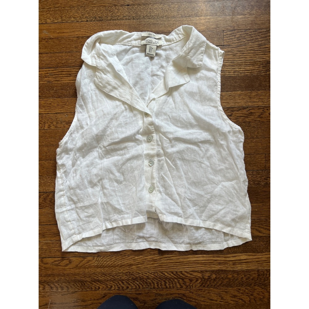 Rachel Zoe White 100% Linen Sleeveless Button Down Cropped Top Small